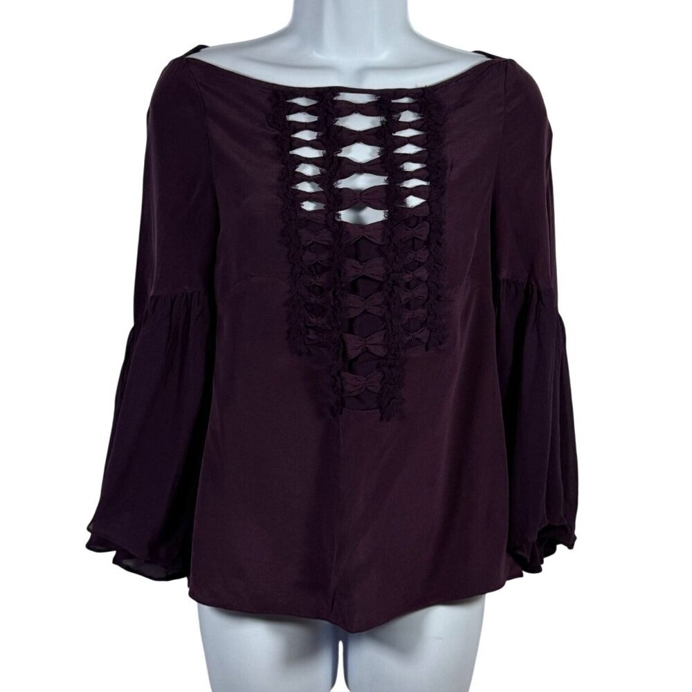 Nanette Lepore Silk Purple‎ Long Bell Sleeve Blouse Whimsy Romantic Size 0 XS